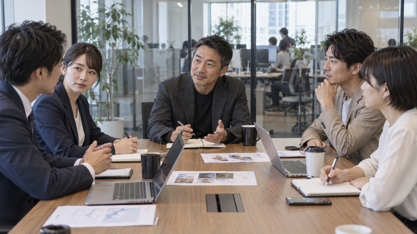 コーチが企業の担当者から相談を受け、双方の考えを整理する場面