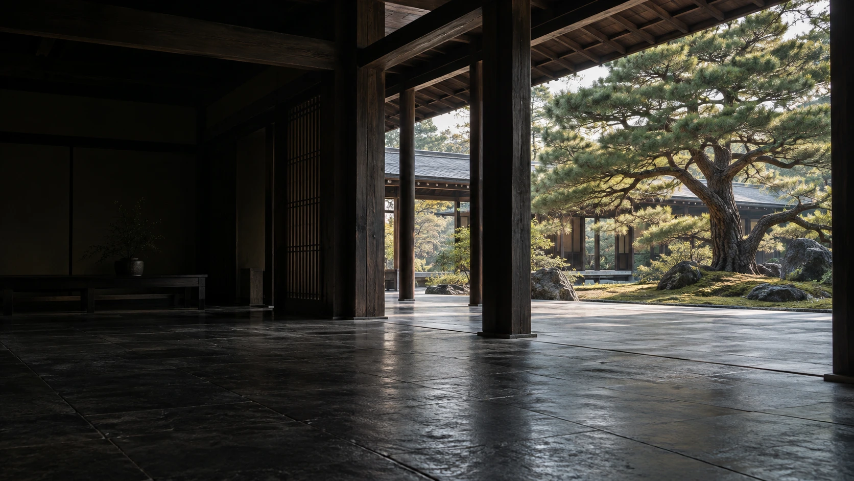 深い木の陰影と静かな庭が広がる、日本建築の学び舎を表した生成イメージ